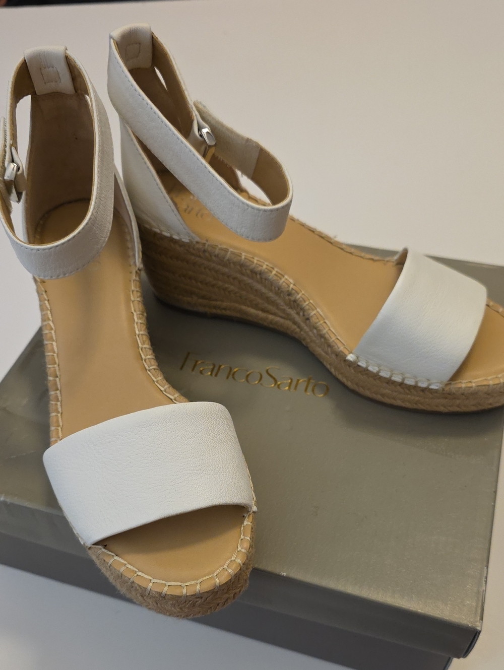 Franco Sarto White Leather Espadrille Wedge Sandals